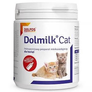 + /><p>This preparation is intended <b>for both orphaned kittens</b> and those that are not able to eat enough, especially in <b>the case of a large litter</b>. Dolmilk Cat is suitable <b>from birth to four weeks</b> of age, providing a comprehensive supply of vitamins, amino acids (including taurine), macro- and micronutrients and lactose <b>at safe levels</b>.</p><p>Kitten milk can also be used as an <b>addition to the daily diet</b> of kittens, serving as a nutritional supplement during pregnancy and lactation. It is worth noting that the protein contained in the preparation comes exclusively from milk, which contributes to <b>the effective satisfaction of the nutritional needs</b> of developing kittens.</p><p><b>Dolfos Dolmilk</b> is an excellent support for female cats who, for various reasons, are unable to take care of their offspring on their own. The product contains <b>optimal proportions of ingredients</b> such as milk protein, homogeneous fat, vitamins, amino acids, macro- and microelements, and lactose. Thanks to these properties, Dolmilk Cat <b>promotes good growth</b>, provides a wealth of essential nutrients, and homogeneous fat in the form of microparticles guarantees effective absorption. In addition, milk replacer is easy to use, does not require a bottle, which <b>makes it easier to feed</b> kittens. Dolmilk Cat is not only a comprehensive source of nutrients, but also a <b>practical solution</b> for female cats in difficult situations that require support in caring for their offspring.</p><p><b>Preparation</b>: Dissolve Dolmilk Cat in boiled water at 50°C in a ratio of 1:2 (1 scoop to 2 scoops of water). Milk given to kittens should be at a temperature of 35-38°C. Dolmilk Cat is also recommended for complementary feeding (according to the needs of kittens).</p><p><b>Ingredients:</b> whey protein concentrate, whey powder, coconut oil.</p><p><b>Analytical constituents:</b> Crude protein 35%, Crude oils and fats 21%, Crude ash 12%, Crude fibre 0.5%.</p><p><b>Nutritional additives:</b> Taurine 1.3 g, Vitamin A 29,500 IU, Vitamin D3 4,900 IU, Vitamin E 132 mg, Vitamin C 200 mg, Vitamin B1 12 mg, Vitamin B2 20 mg, Vitamin B6 10 mg, Vitamin B12 20 μg, Niacin 100 mg, Pantothenic acid 50 mg, Folic acid 2 mg, Choline chloride 1 000 mg, Iron (iron(II) sulphate * H2O) 120 mg,  Manganese (manganese(II) oxide) 75mg, Zinc (zinc sulphate * H2O) 200mg, Iodine (potassium iodide) 3mg, Selenium (sodium selenate) 0.3mg.</p> <p><b>Additional information:</b> Lysine 3.6g/kg, Methionine + Cystine 1.6g/kg, Threonine 1.3g/kg, Tryptophan 0.3g/kg, Valine 0.7g/kg.</p></div>        </div>
    </div>
    <button type=
