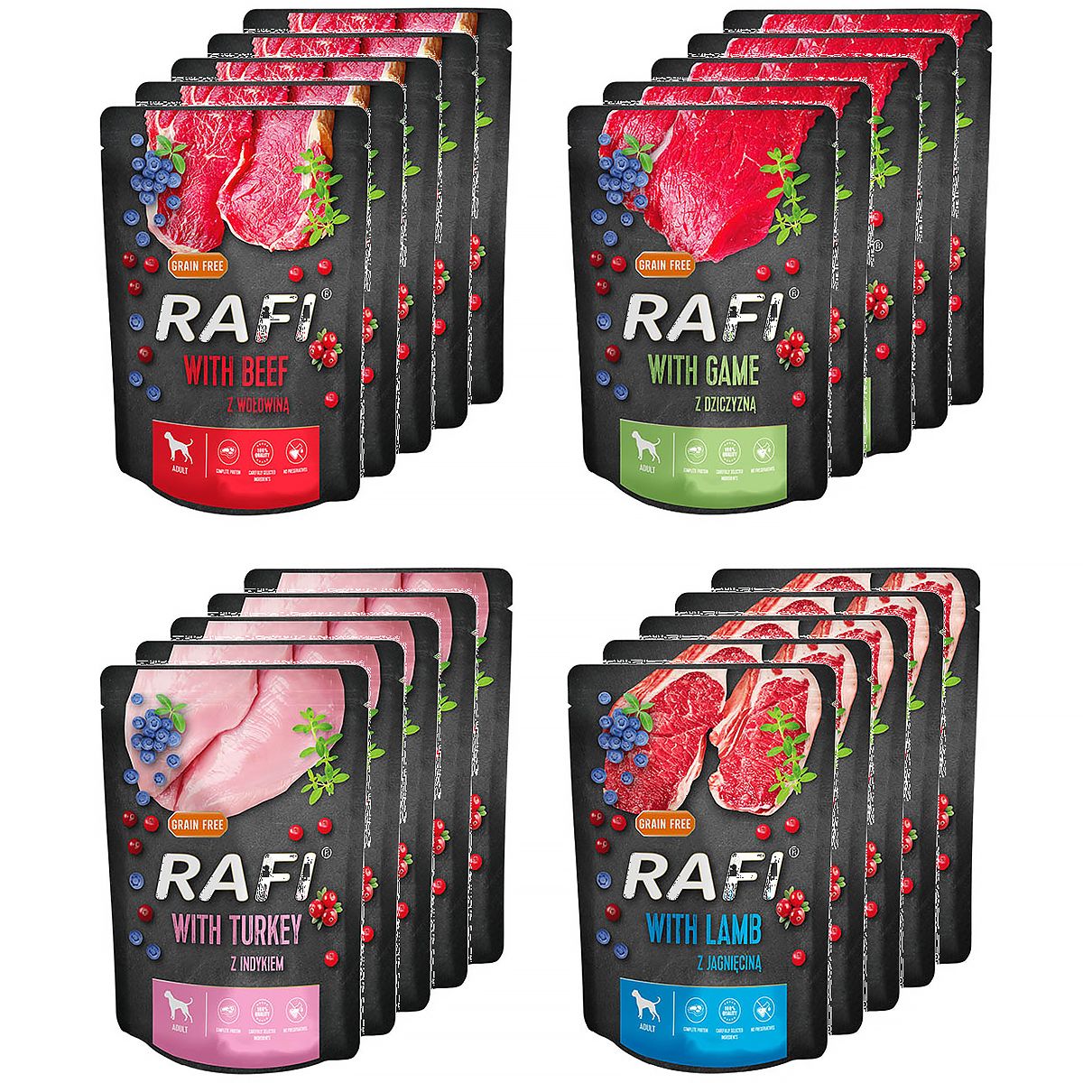 +rafi food+>Rafi food is <strong>a wholesome, balanced meal for your pet</strong>. It is designed for all dogs of different sizes and breeds. It can also be used as a supplementary meal. Due to its taste, it is eagerly eaten by pets. <p>Dog food in sachets is <strong>a convenient form of giving meals to your pet</strong>. There is no need to spoon the food as it is very easy to squeeze out of the sachet.  </p><p><strong>Cheap and good dog food </strong> has a valuable composition that has a positive effect on the overall physical condition and health of pets. Dog food is grain-free. It contains unsaturated fatty acids, which affect the condition of the skin and improve the appearance of the coat.  The high content of vitamins and minerals makes the animals that eat Rafi healthy and full of energy. </p><p><strong>Grain-free dog food</strong> does not contain preservatives or additional dyes that improve taste and stimulate appetite. The palatability of dog food is due to the <strong>additives in the form of natural fruits</strong>, which increase the attractiveness of your pet's meal.  </p><p><strong>Ingredients:</strong></p><ul><li><strong>RAFI food with</strong> beef, blueberry and cranberries - meat and animal derivatives 65% (beef 4%), fruit (blueberry 2%, cranberry 2%), minerals, oils and fats (linseed oil 0.2%), dried thyme 0.01%. </li><strong><li>RAFI feed with lamb, blueberry and cranberry </strong>- meat and animal derivatives 65% (lamb meat 4%), fruit (blueberry 2%, cranberry 2%), minerals, oils and fats (linseed oil 0.2%), dried thyme 0.01%. </li><li><strong>RAFI feed with venison, blueberry </strong> and cranberry - meat and animal derivatives 65% (venison meat 4%), fruit (blueberry 2%, cranberry 2%), minerals, oils and fats (linseed oil 0.2%), dried thyme 0.01%. </;o><strong><li>RAFI feed with turkey, blueberries and cranberries </strong> - meat and animal derivatives 65% (turkey meat 4%), fruit (blueberry 2%, cranberries 2%), minerals, oils and fats (linseed oil 0.2%), dried thyme 0.01%. </li></div></div></div>   <div class=