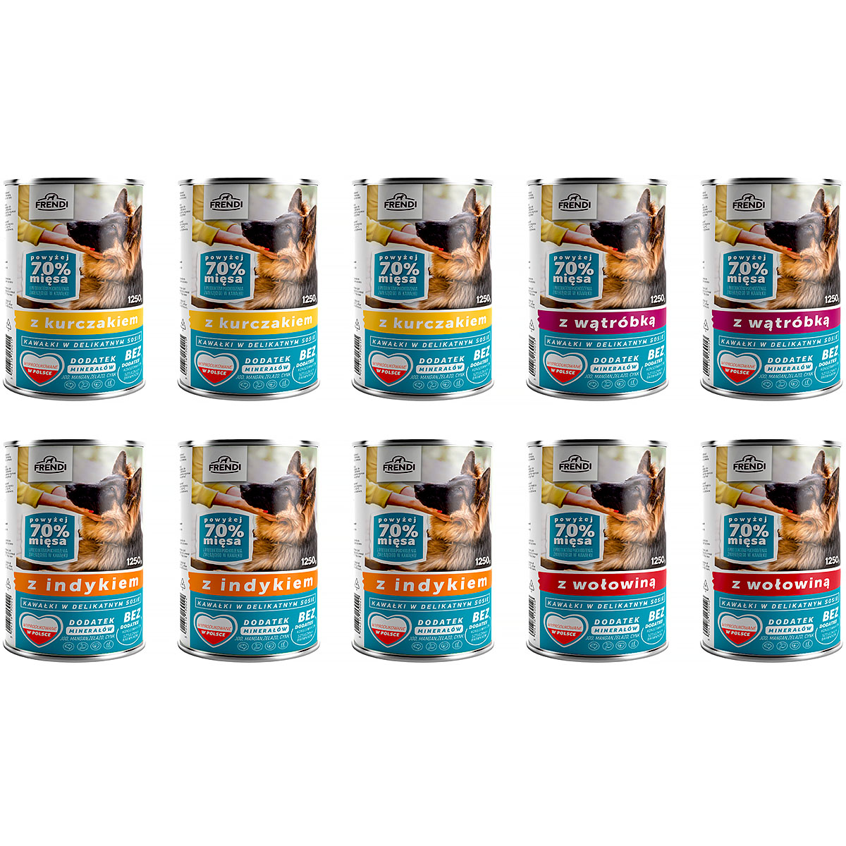 mix<p><b>+>Ingredients that support the health of our pets contained in FRENDI food:</b></p><ul><li><b>Iodine</b> is an element necessary for the production of thyroid hormones, responsible for the proper development of the kidneys, heart, muscles, pituitary gland and the entire nervous system.</li><li><b>Zinc</b> is responsible for the development of the skeletal system, maintaining the proper condition of the skin and coat. In addition, zinc ions support the work of the pancreas, whose task is to store and release insulin. In addition, it strengthens the body's immunity, has anti-inflammatory properties and supports healing and relieves the symptoms of diseases.</li><li><b>Manganese</b> is responsible for the proper functioning of the nervous, digestive and muscular systems. This element is an essential component of bones, additionally it takes care of the proper functioning of the brain, skin and coat. In addition, it has a beneficial effect on the immune system.</li><li><b>Iron</b> is one of the most important minerals in our body. It is responsible for tissue regeneration and proper growth, supports the fight against free radicals. In addition, iron supports metabolism and prevents anemia.</li></ul><p><b>The set includes:</b></p><p><b>3 x FRENDI wet dog food with chicken.</b></p><ul><li><b>Composition: </b meat and animal derivatives (70% meat and animal derivatives per piece, 4% chicken), cereals, minerals, vegetable protein extracts, various sugars.></li><li><b>Analytical composition:</b> crude protein 7%, crude fat 4.5%, crude ash 2.5%, crude fibre 0.3%, moisture 82%.</li></ul><p><b>3 x FRENDI wet dog food with turkey.</b></p><ul><li><b>Composition:</b> meat and animal derivatives (70% meat and animal derivatives per piece, 4% turkey), cereals, minerals, vegetable protein extracts, various sugars.</li><li><b>Analytical composition:</b> crude protein 7%, crude fat 4.5%, crude ash 2.5%, crude fibre 0.3%, moisture 82%.</li></ul><p><b>2 x FRENDI wet dog food with liver.</b></p><ul><li><b>Composition:</b> meat and animal derivatives (70% meat and animal derivatives per piece, 4% liver), cereals, minerals, vegetable protein extracts, various sugars.</li><li><b>Analytical composition:</b> moisture 82.0%; crude protein 7.0%; crude fat 4.5%; crude ash 2.5%; crude fibre 0.3%.</li></ul><p><b>2 x FRENDI wet dog food with beef.</b></p><ul><li><b>Composition:</b> meat and animal derivatives (70% meat and animal derivatives per piece, 4% beef), cereals, minerals, vegetable protein extracts, various sugars.</li><li><b>Analytical composition:</b> Moisture 82.0%; Crude protein 7.0%; Crude fat 4.5%; Crude ash 2.5%; Crude fibre 0.3%.</li></ul></div></div></div>   <div class=