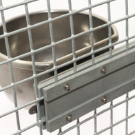 Mesh holder for mounting metal feeders/drinkers for rabbits