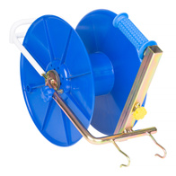 Reel with lock, brake and hooks for hanging on the post