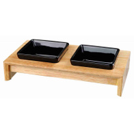 Cat bowls on a wooden stand