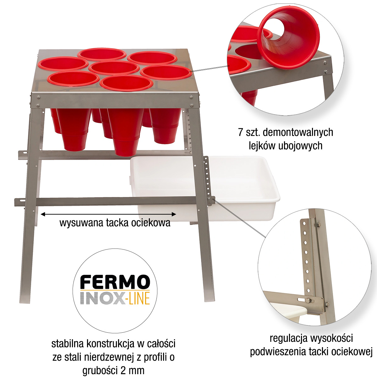 stainless steel poultry processing table with 7 killing cones