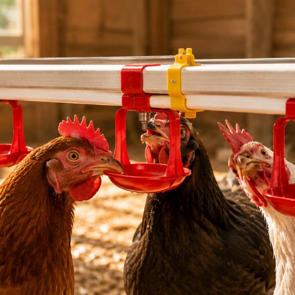 chickens drinking from nipple drinkers